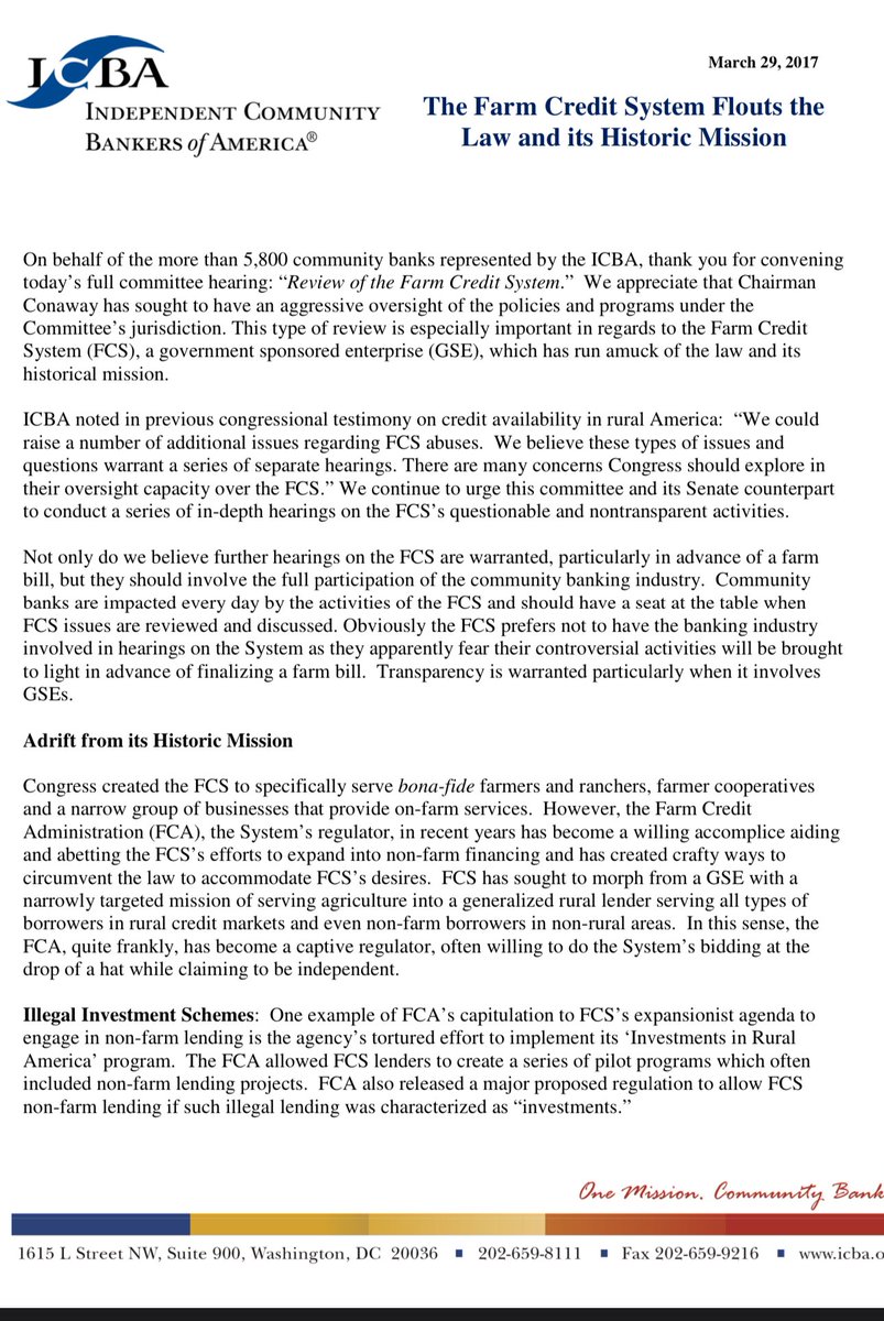 🚨🧵— CONGRESS WAS WARNED THAT THE U.S. FARM CREDIT SYSTEM HAD WENT ROGUE: In a 2017 letter to the House Ag Committee, the Independent Community Bankers of America sounded the alarm that the U.S. Farm Credit System had went rogue and was actively manipulating legal directives —