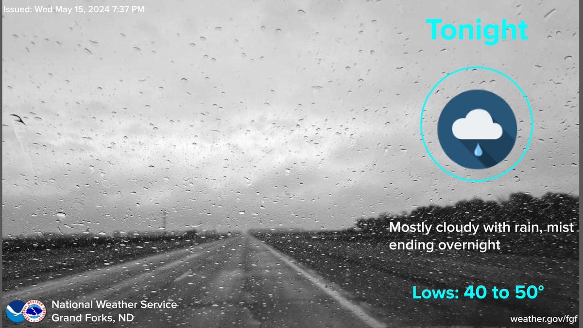 Rain showers will end from west to east overnight with clouds persisting. Lows will be in the 40s. #NDWX #MNWX