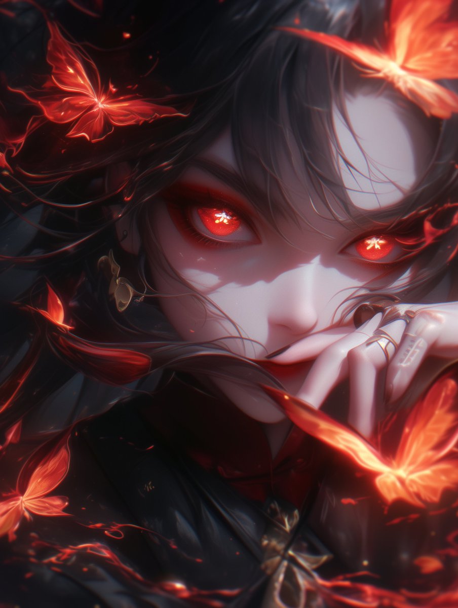 '燃え上がる瞳に宿る決意、闇の中で舞う紅の蝶たちが彼女の内なる力を象徴する。美しさと強さが交錯する瞬間、彼女は運命を切り開く。' 
 #原神 #胡桃 #AIArt #AIArtworks #AIイラスト