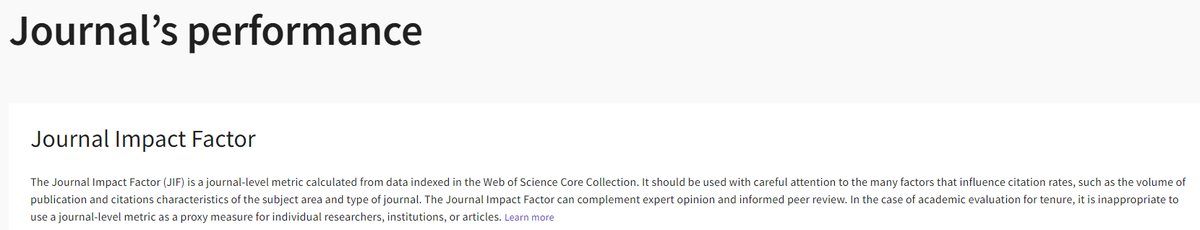 'In the case of academic evaluation for tenure, it is inappropriate to use a journal-level metric as a proxy measure for individual researchers, institutions, or articles'

This is shown at the top of every journal page in Clarivate's Journal Citation Reports database.