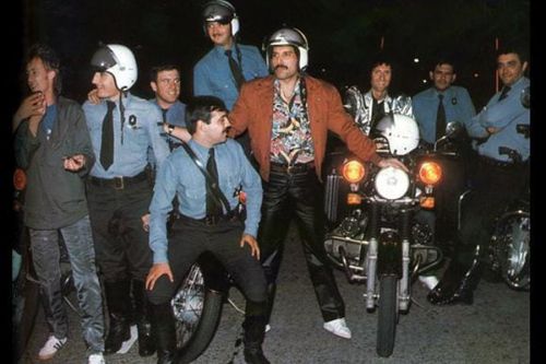Queen with the Argentine police after their show at the Velez Sarsfield Stadium in Buenos Aires, 1981