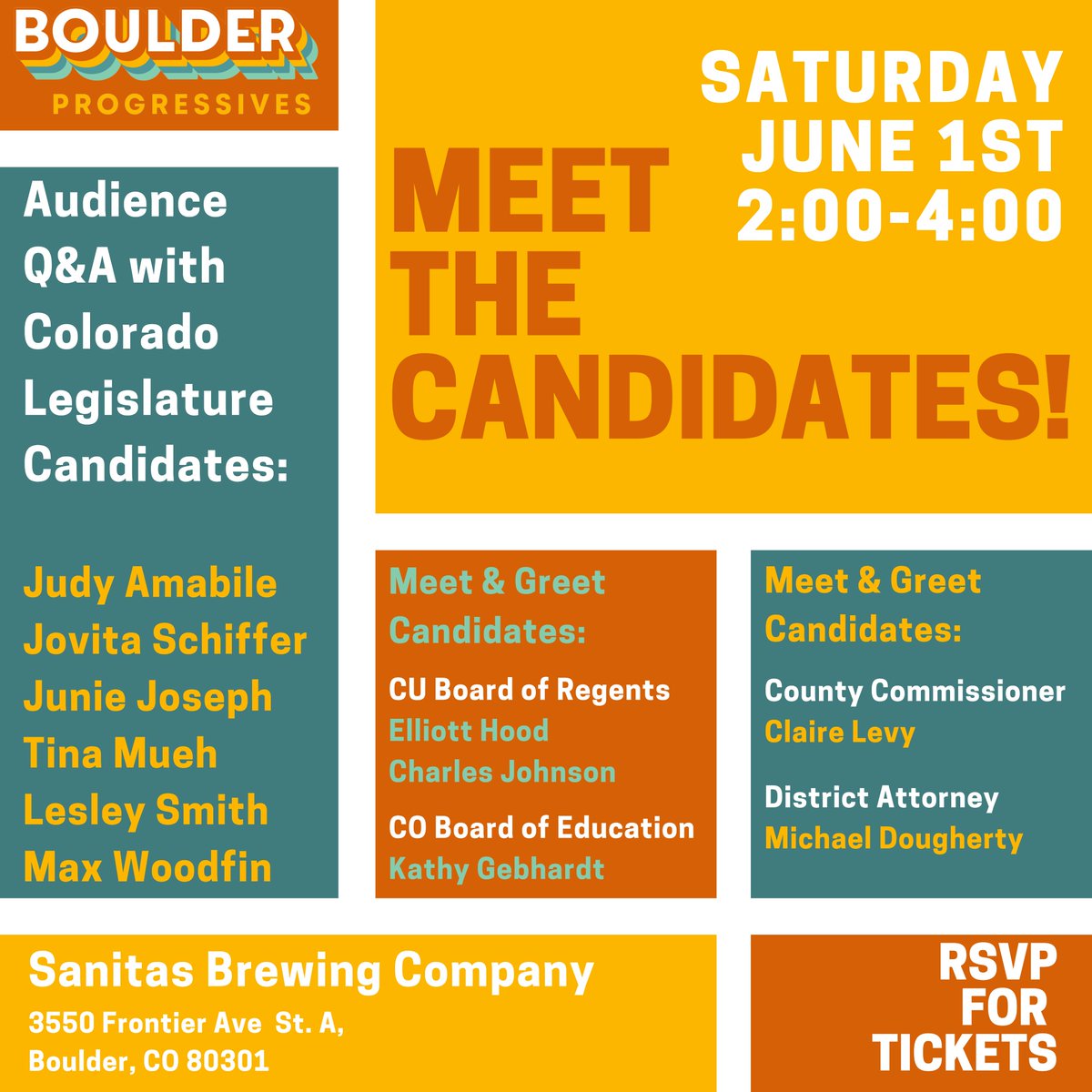 Do you have your tickets yet, Boulder?
June 1st
Candidate Meet-and-Greet and Q&A!

Tickets are limited, RSVP now: actionnetwork.org/events/boulder…

#Boulder #coleg
@JudyAmabileCO
@LesleyForCU
@max_woodfin
@Jovita4Colorado
@Junie4Colorado
@elliottvhood
@CJ4CU
@DAdoughertyCO
@GebhardtforCO