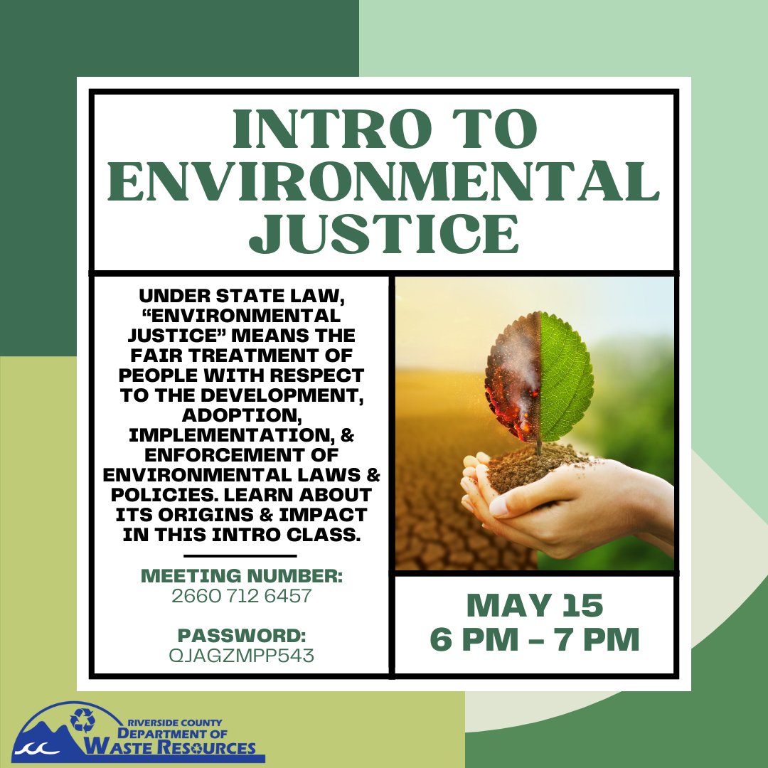 ‼️ Join us for our Intro to Environmental Justice virtual class TONIGHT! ‼️

📅 When: May 15, 6:00 pm - 7:00 pm

🖥️ Where: Virtually via WebEx

Meeting number: 2660 712 6457

Password: QjaGZmPp543

#RCWaste #RivCo #FreeClass #ZeroWaste #EnvironmentalJustice #Sustainability