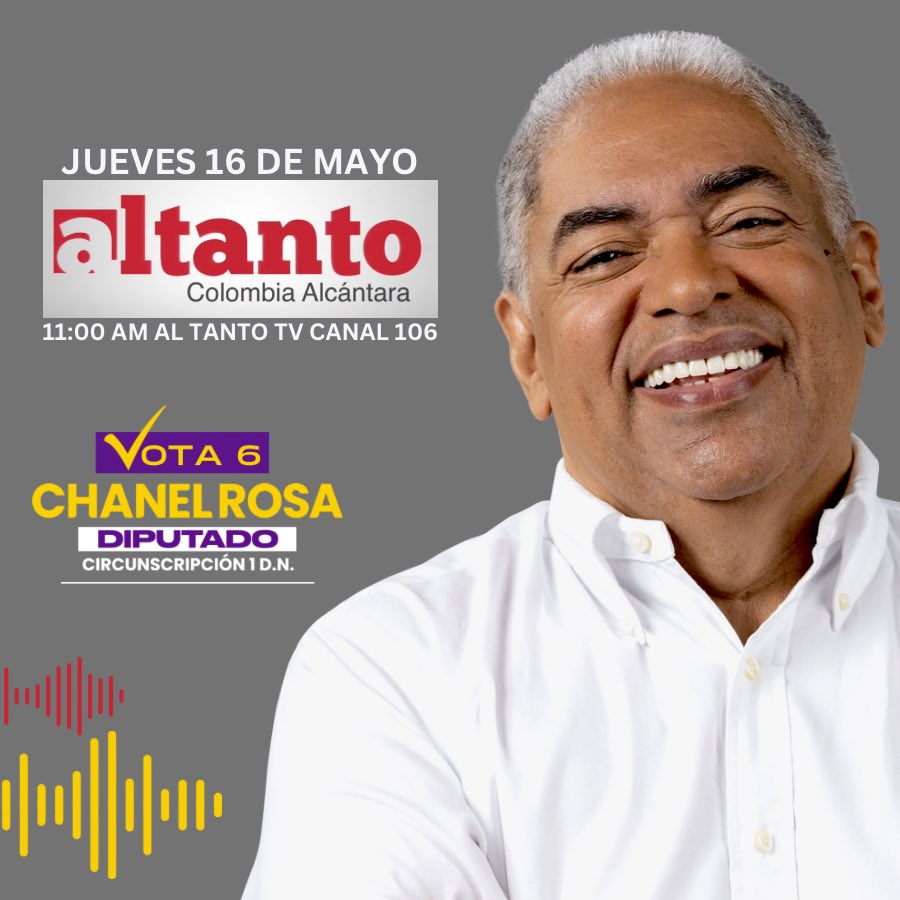 Chanel Rosa (<a href="/chanelsocial/">Chanel Mateo Rosa</a>), próximo diputado Circ. 1 DN, culmina su presencia en medios visitando:

-7:00 am en <a href="/hoymismo2/">Hoy Mismo</a>  por Color Visión, Canal 9. 
-11:00 am en <a href="/altantotv_/">Altanto TV</a> con <a href="/colombiaac/">Colombia Alcántara</a> . 

#Vota6 #ChanelDiputado