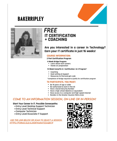 Are you into technology 👩‍💻👨‍💻!? Or looking 👀for a career change!? Check out  <a href="/BakerRipley/">BakerRipley</a> &amp; <a href="/CompTIA/">CompTIA</a> FREE A+ certification program. See 👇👇