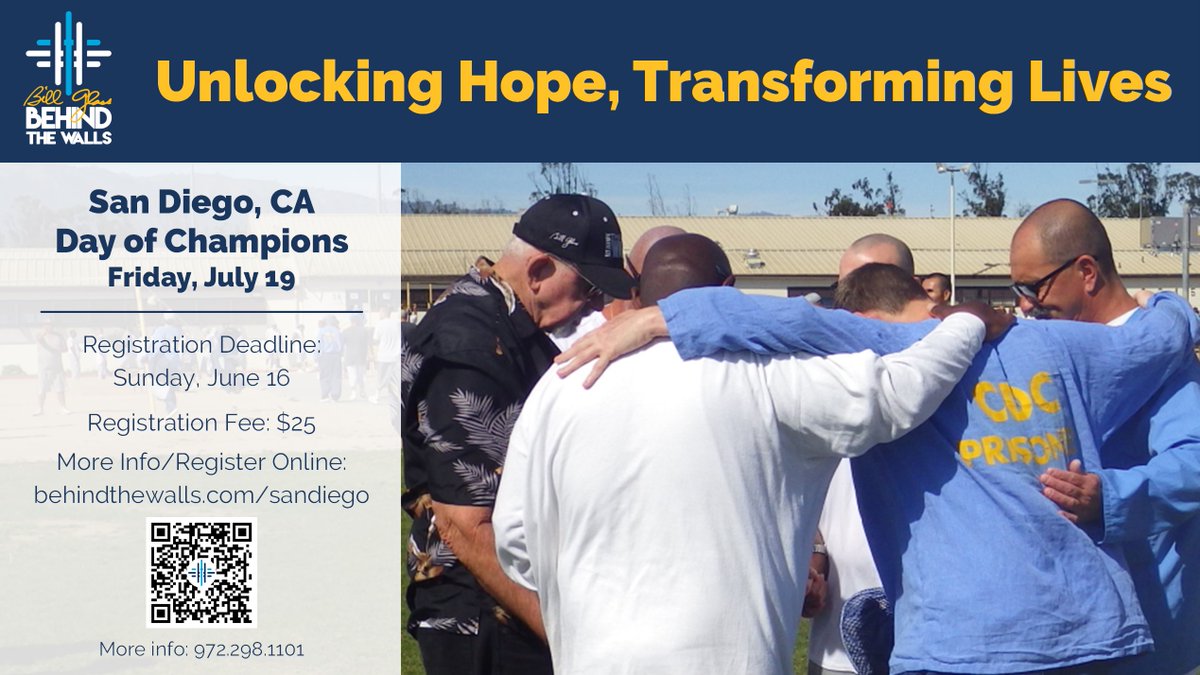 We need 50 Teammates including 10 motorcycles to take the Good News into a men's unit on the San Diego, CA Day of Champions, Friday, July 19. Deadline to register is Sunday, June 16. behindthewalls.com/sandiego

#TrainedbyBillGlass