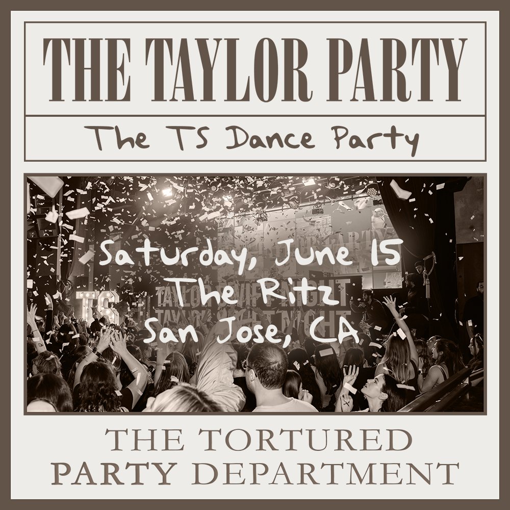 🤍 THE TAYLOR PARTY: THE T.S. DANCE PARTY 🤍

Next month! Calling all members of The Tortured Party Department! ✍️ Tearing into our TTPD Era on June 15th! Tickets on sale now!

Saturday // 06.15.24 // 9PM // 21+
🎫 l8r.it/vHO6 🎫⁠
⁠
🏷️  @thetaylorparty_ #theritzsj