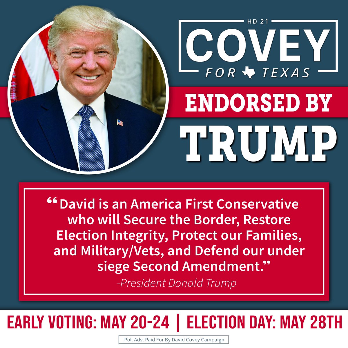 I am proud to be the only candidate Trump trusts to secure the border, restore election integrity, protect our families and military, and defend our 2A rights!