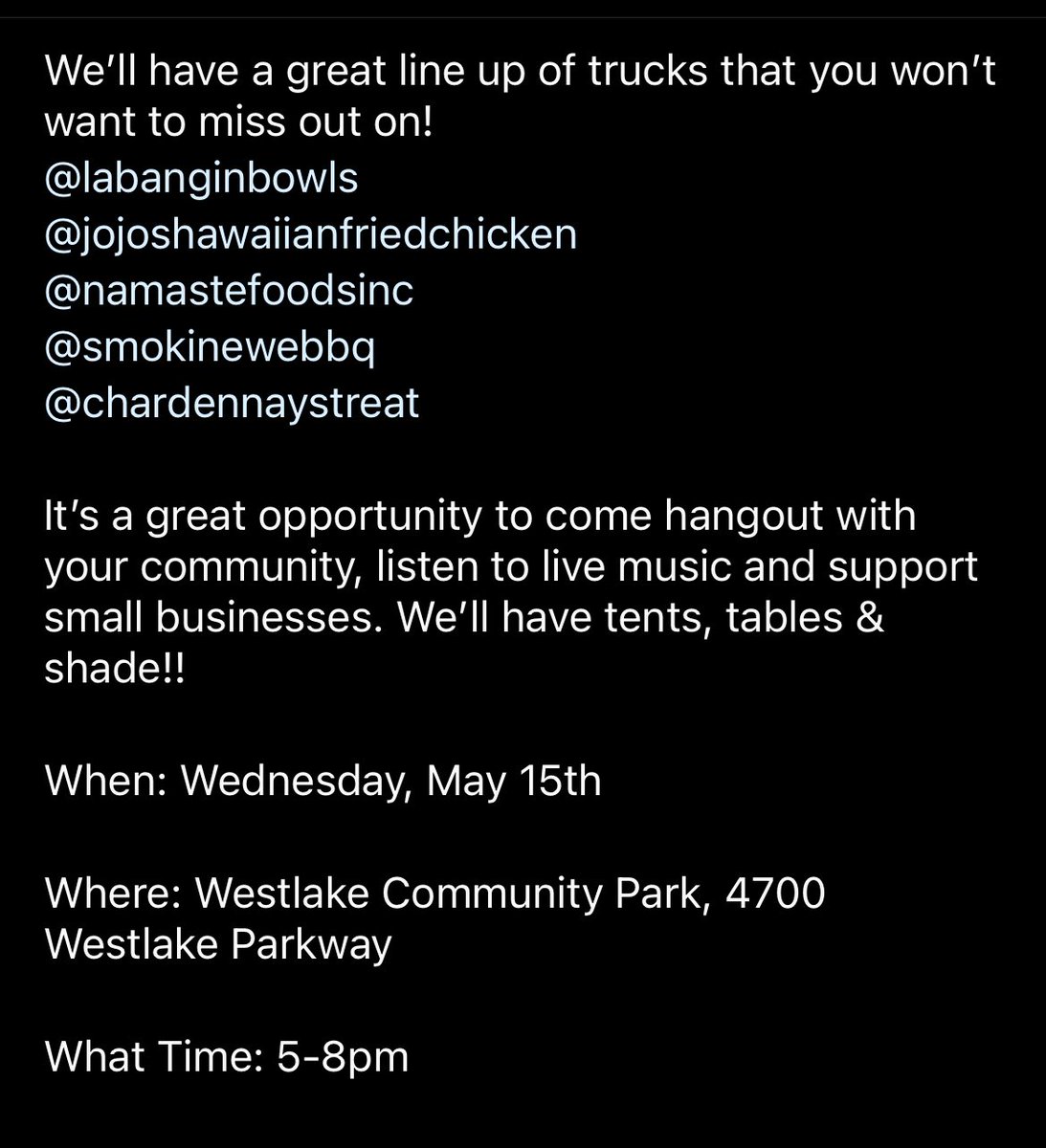 Come on out to Westlake Park right now. Food Truck Mania is happening. Get food, listen to music, let your kids play in the playground, adults grab a glass of wine & enjoy!! @SactoMoFo #natomas #westlake #foodtruck #community