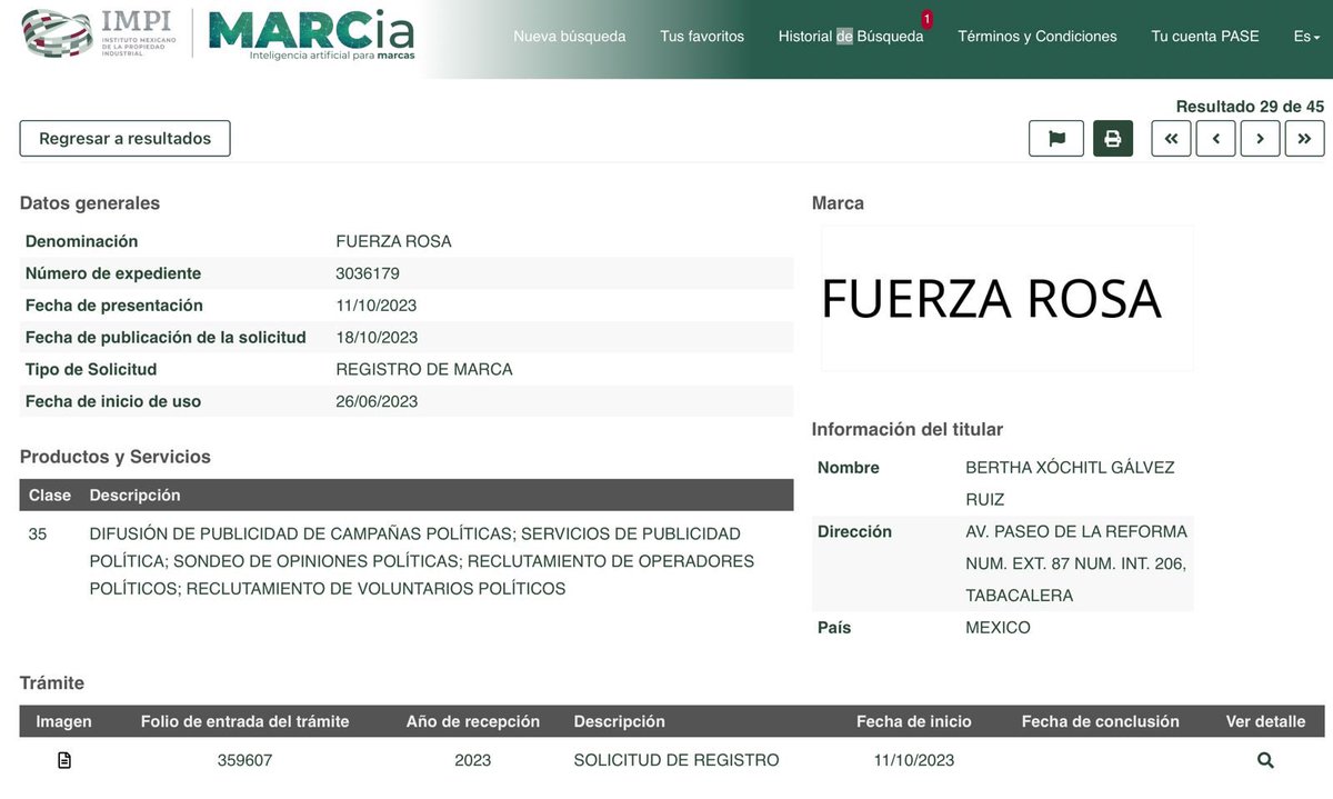 🧵 de la farsa de la #MareaRosa, utilizado como mecanismo de manipulación por @XochitlGalvez para “reclutamiento de voluntarios políticos” En octubre de 2023, la Candidata del PRIAN inscribió en el IMPI la denominación 'Fuerza Rosa', entre otras 45 marcas, destinadas a 'atraer