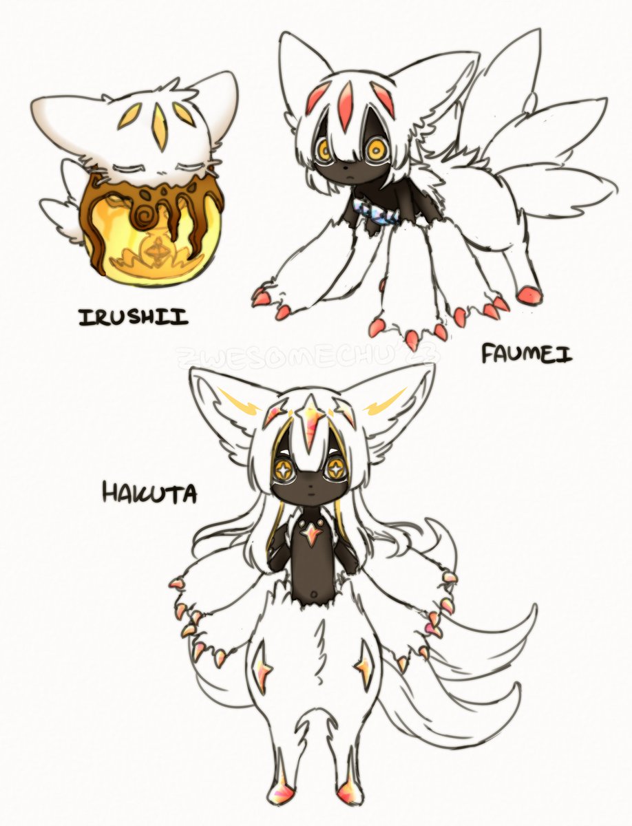 My take on the Pokemon version of Faputa, a three-staged mythical Pokemon! #メイドインアビス
This Pokemon is specifically found around the deepest depths of Area Zero and will only evolve there too since it is deeply connected to that location.
