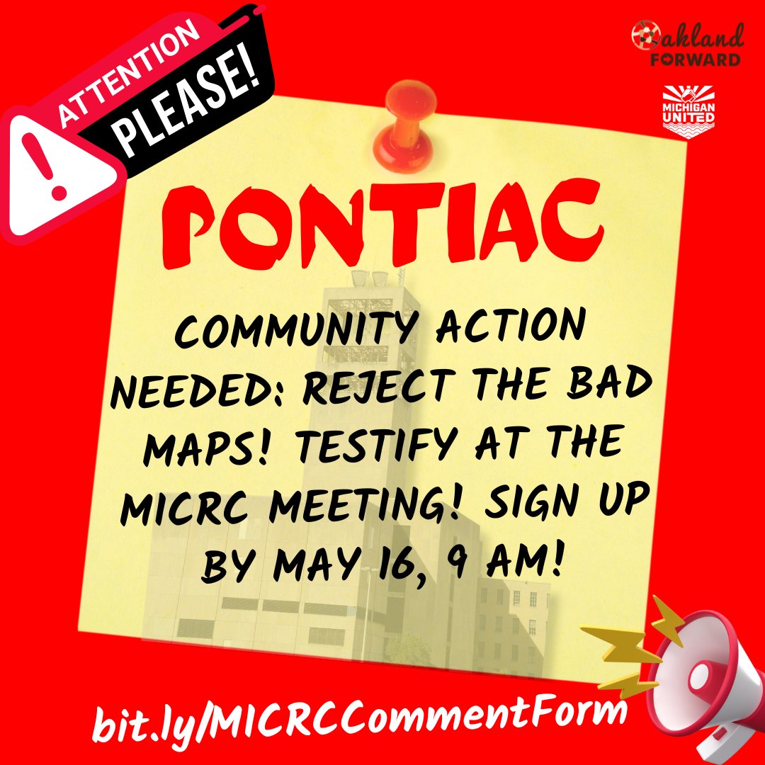 🚨 Pontiac residents, let's protect our community's interests! The proposed new maps are unfair and do not accurately represent us. Keep Pontiac with Southfield. Join us on May 16 at the MICRC Meeting and Map Drawing event. Sign up for public comment at bit.ly/MICRCCommentFo…