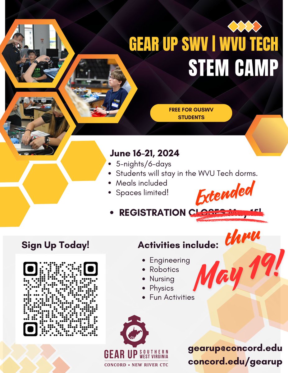 **DEADLINE Extended**
Students can STILL register for the GEAR UP SWV / WVU Tech STEM Camp! Rising 8th &amp; 9th grade students attending public schools in Mercer, Monroe, Summers, Raleigh, &amp; Wyoming Counties, are encouraged to apply today! Here's now: camps.wvutech.edu/gear