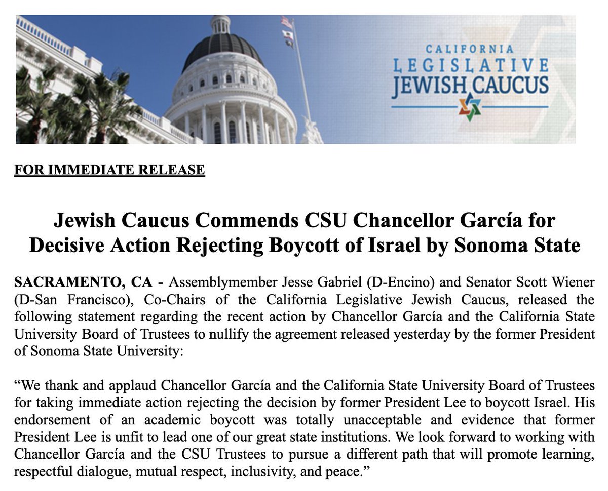 The Jewish Caucus released the following statement commending CSU Chancellor García for Decisive Action Rejecting Boycott of Israel by Sonoma State: