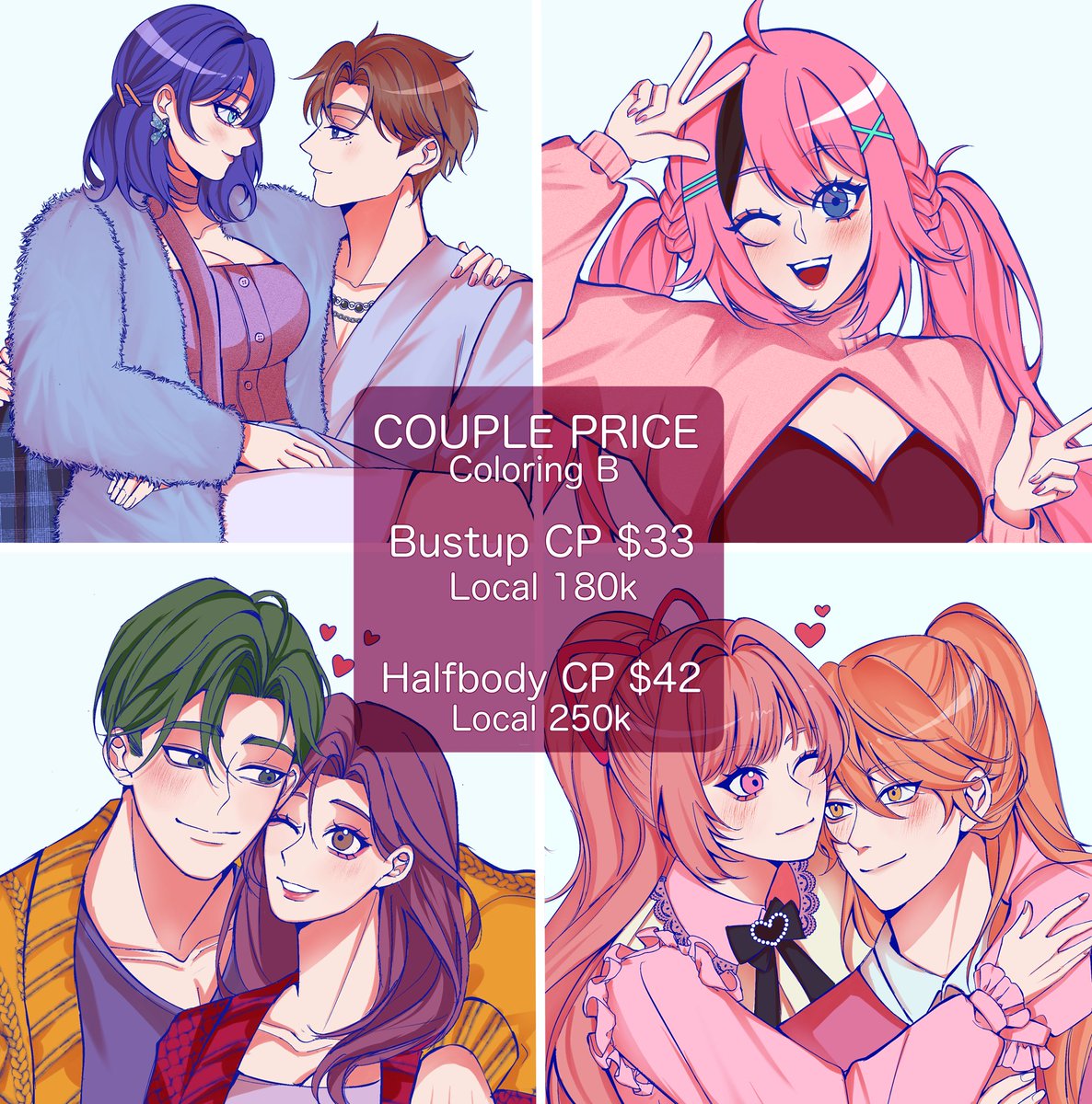 [‼️Repost & Like are appreciated‼️]
Hi! I #opencommission for International (USD) and Locals! This time I offered Couple edition with these styles!

Order form are on reply! 

#Commission #lookingforartist #artidn #commissionopen #artcommission