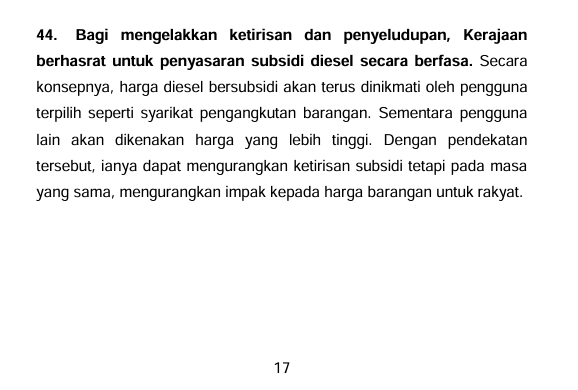 syahir's tweet photo. RASIONALISASI SUBSIDI

1.  Kempen penyasaran subsidi yang dijalankan Kerajaan semakin kuat setiap hari. Di semua media, arus perdana atau media social pelbagai bentuk “soft campaign” dijalankan daripada program RTM, podcast, video tiktok, tryhard cybertroopers dekat Facebook dan X (Twitter) semua mainkan peranan masing-masing untuk maklumkan bahawa penyasaran subsidi akan berlaku tak lama lagi.

2.  Menteri Ekonomi sendiri banyak kali memberi bayangan bahawa subsidi bersasar mungkin akan dilaksanakan pada suku kedua tahun ini maknanya dalam masa terdekat subsidi bersasar akan mula dilaksanakan.

https://t.co/yvhWwY9k80

3.  Malah PMX sendiri dalam ucapan Bajet ada beberapa kali menyentuh soal penyasaran subsidi dan juga menyebut dengan jelas bahawa subsidi diesel akan disasarkan semula secara berfasa.

https://t.co/hBIiAIZwcn

SUBSIDI 101

4.  Subsidi dalam negara kita ada dalam pelbagai jenis dan bentuk. Selain subsidi petrol RON95 dan Diesel, ada subsidi gas memasak (LPG), subsidi minyak masak paket 1kg, subsidi bil elektrik, subsidi yuran pendidikan, subsidi kesihatan, subsidi tiket penerbangan dan juga termasuk bantuan tunai  kepada rakyat.

5.  Sejak tahun 1976, Kerajaan telah membelanjakan RM547.9 bilion untuk subsidi dan bantuan sosial yang merangkumi segala bentuk jenis subsidi dan bantuan kepada rakyat.
Federal Government OPEX by Object: https://t.co/u9VMVQ0K5Q

6.  Tetapi subsidi paling besar yang ditanggung Kerajaan setiap tahun daripada dulu adalah subsidi bahan api iaitu petrol dan diesel.

7.  Pada tahun 2022 sahaja Kerajaan belanja hampir RM40 bilion untuk subsidi petrol dan diesel.

8.  Subsidi ni disebabkan perbezaan harga yang kita bayar dekat stesen minyak dengan harga pasaran sebenar petrol dan diesel.

9.  Sebagai contoh harga RON95 dekat stesen minyak sekarang RM2.05 manakala harga pasaran sebenar RON95 adalah RM3.35 bermakna setiap liter minyak yang kita isi, Kerajaan menanggung RM1.30 atau 40% daripada harga sebenar RON95.

10.  Harga pasaran petrol dan diesel berubah setiap hari mengikut pergerakan harga minyak dunia dalam pasaran antarabangsa, maka, kalau harga minyak mentah dunia naik, harga sebenar RON95 juga lebih tinggi dan sebaliknya kalau harga minyak mentah dunia turun.

SUBSIDI PUKAL

11.  Sekarang ni sesiapa pun rakyat Malaysia boleh isi RON95 tanpa mengira status pendapatan dan kenderaan apa dia bawa, ini dipanggil subsidi pukal – semua orang yang bawa kereta boleh dapat.

12.  Subsidi pukal macam ni walaupun dinikmati oleh semua orang tapi sebenarnya menguntungkan golongan yang berpendapatan tinggi dan kaya.

13.  Bank Negara Malaysia di dalam Laporan Tahunan 2014 pada tahun 2015 pernah menerbitkan satu kertas dasar berkenaan subsidi bahan api yang menunjukkan bahawa kumpulan berpendapatan tinggi (T20) menikmati 42% daripada subsidi bahan api manakala kumpulan berpendatan 20% terendah (B20) hanya menikmati 4% daripada subsidi bahan api yang Kerajaan sediakan.
https://t.co/pUoKJPMD79

14.  Bayangkan daripada RM100 subsidi Kerajaan bagi, RM42 untuk orang kaya bawa kereta mahal & mewah, berkuasa tinggi, import manakala golongan miskin yang belum tentu ada kereta, mungkin ada motor sahaja hanya menikmati RM4 daripada RM1 subsidi yang Kerajaan sediakan.

15.  Dalam konteks perbelanjaan Kerajaan, daripada RM40 bilion subsidi petrol dan diesel yang Kerajaan belanjakan, RM16.8 bilion orang kaya dapat, orang miskin hanya rasa RM1.6 bilion.

SEBAB SUBSIDI PUKAL MESTI DIHENTIKAN

16.  Selain daripada subsidi pukal yang regresif yang memberi lebih manfaat kepada golongan kaya berbanding yang lebih memerlukan ada beberapa sebab lain kenapa subsidi petrol dan diesel secara pukal ini merugikan rakyat.

17.  Pertama isu penyelewengan subsidi melalui penyeludupan oleh pihak tidak bertanggungjawab.

18.  PMX dalam ucapan Belanjawan 2023 pernah memaklumkan bahawa Kerajaan kerugian RM10 bilion akibat ketirisan daripada subsidi diesel yang diseludup ke luar negara.

19.  Perkara ini berlaku disebabkan harga petrol dan diesel di negara kita yang lebih murah daripada negara-negara luar terutamanya negara jiran seperti Thailand.

20.  Perbezaan harga ini juga menyebabkan warga Singapore datang ke negara kita mengisi minyak bersubsidi sambil menghenjut kereta mereka setiap hari dan menyebabkan duit rakyat dinikmati bukan warganegara.

21.  Selain daripada itu bila Kerajaan membelanjakan sebahagian besar untuk subsidi pukal dengan jumlah puluhan billion Ringgit setiap tahun, Kerajaan terpaksa menghadkan atau mengurangkan perbelanjaan lain.

22.  Selalu kita dengar pelbagai masalah dan rungutan berkaitan hospital Kerajaan yang tak cukup kakitangan, keadaan sekolah-sekolah Kerajaan yang daif, aset-aset pertahanan dan keselamatan yang tidak mencukupi seiring keperluan negara – antara puncanya adalah kerana perbelanjaan subsidi pukal yang menyebabkan pengagihan sumber yang terherot dan tidak  mengikut keperluan sebenar sesebuah sektor.

23.  Jika subsidi pukal dihapuskan, maka Kerajaan boleh mengagihkan semula sumber yang dijimatkan kepada sektor seperti kesihatan; boleh tambah doktor, jururawat, baikpulih dan naik taraf fasiliti kesihatan, sektor pendidikan; sekolah-sekolah daif boleh dibaikpulih, sekolah baru boleh dibina, aset-aset pertahanan dan keselamatan boleh dibeli dan sebagainya.

SUBSIDI BERSASAR

24.  Apabila subsidi pukal dihapuskan, bukanlah bermaksud semua orang dah tak dapat subsidi tetapi subsidi akan disasarkan semula untuk mereka yang memerlukan sahaja.

25.  Menteri Ekonomi pernah beri bayangan bahawa apabila subsidi pukal dihapuskan dengan menaikkan harga RON95 dan Diesel, golongan yang memerlukan akan menerima tunai daripada Kerajaan.

26.  Berapa jumlah tunai dan kekerapan pemberian tunai tersebut dan kriteria siapa yang layak dapat Kerajaan masih belum perincikan tapi itulah rancangan subsidi bersasar yang dimaksudkan melalui dapatan PADU yang kita daftar awal tahun ni.

27.  Antara sebab kenapa BR1M (sekarang STR) diperkenalkan pada tahun 2012 adalah untuk menggantikan subsidi pukal dengan subsidi bersasar dalam bentuk tunai kepada kumpulan yang memerlukan.

KESAN PENGHAPUSAN SUBSIDI PUKAL

28.  Takkan nak cerita yang wangi-wangi je? Mesti ada kesan negatif bila harga RON95 dan Diesel dinaikkan.

29.  Pertama bila harga RON95 dan Diesel naik, selain daripada kesan langsung yang akan dirasai poket kita setiap kali kita isi minyak akan ada kesan berantai kepada harga barangan.

30.  Mungkin ada peniaga yang akan ambil kesempatan menaikkan harga tapi jika 100% peniaga jujur berniaga tak ambil untung berlebihan pun tetap akan ada kenaikan kos untuk berniaga dan akhirnya akan menaikkan harga barang yang lain.

31.  Kadar inflasi akan meningkat bergantung kepada kadar kenaikan harga RON95 dan diesel yang akan diumumkan mengikut kuantum dan kekerapan.

32.  Kesannya kita semua akan rasa tidak kira sama ada kita antara yang dapat tunai yang Kerajaan nak bagi atau tidak itu realitinya tapi dasar ini tidak lagi boleh ditangguh.

KESIMPULAN

33.  Selepas penghapusan subsidi pukal berjaya dilakukan pada tahun 2015 sehingga 2018 dan dikembalikan semula oleh Kerajaan selepas PRU-14, kita kehilangan 6 tahun untuk kembali ke arah pengagihan sumber negara yang lebih adil, berkesan dan cekap.

34.  Sejak penubuhan Petronas sejumlah RM1.4 trilion telah disumbangkan kepada Kerajaan melalui dividen, cukai pendapatan petroleum, royalti dan lain-lain hasil petroleum dan dalam masa yang sama Kerajaan membelanjakan lebih RM500 bilion untuk subsidi.

35.  Tahun 2022 sahaja Petronas bagi kepada Kerajaan RM93.1 billion, dan RM81 bilion dibelanjakan untuk pelbagai jenis subsidi pukal. Bayangkan kalau 50% daripada RM93.1 bilion itu kita boleh buat apa untuk perbelanjaan kesihatan, pendidikan, pertahanan dan lain-lain.

36.  Aku tulis ni seobjektif yang termampu. Ini bukan lagi soal politik, tapi soal ekonomi negara dan rakyat. Dan disclaimer aku tak dibayar untuk tulis ni oleh sesiapa. Hanya rasa tanggungjawab kepada negara dan ye la ada sikit aku menyampah dengan cytros dan macai politaik yang nak mengajar rakyat sedangkan baru beberapa tahun lepas bila Kerajaan nak naikkan harga minyak merekalah yang paling membabikan Kerajaan.

Khalas.