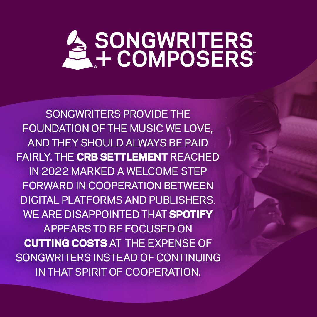 'The Recording Academy Songwriters+Composers Wing continues to stand with songwriters, and we will work to ensure they are fully valued and appropriately compensated for the work they do that enriches our lives.'

Along with the #RecordingAcdemy's Songwriters+Composers Wing, our