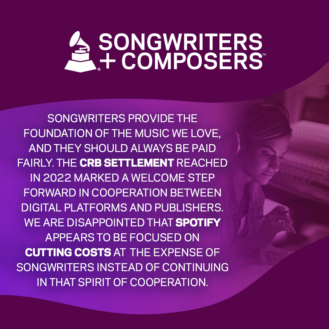 GRAMMYAdvocacy's tweet photo. "The Recording Academy Songwriters+Composers Wing continues to stand with songwriters, and we will work to ensure they are fully valued and appropriately compensated for the work they do that enriches our lives."

Along with the #RecordingAcdemy's Songwriters+Composers Wing, our advocacy efforts will continue to fight for music creators' rights and ensure songwriters and composers are paid the royalties they deserve.