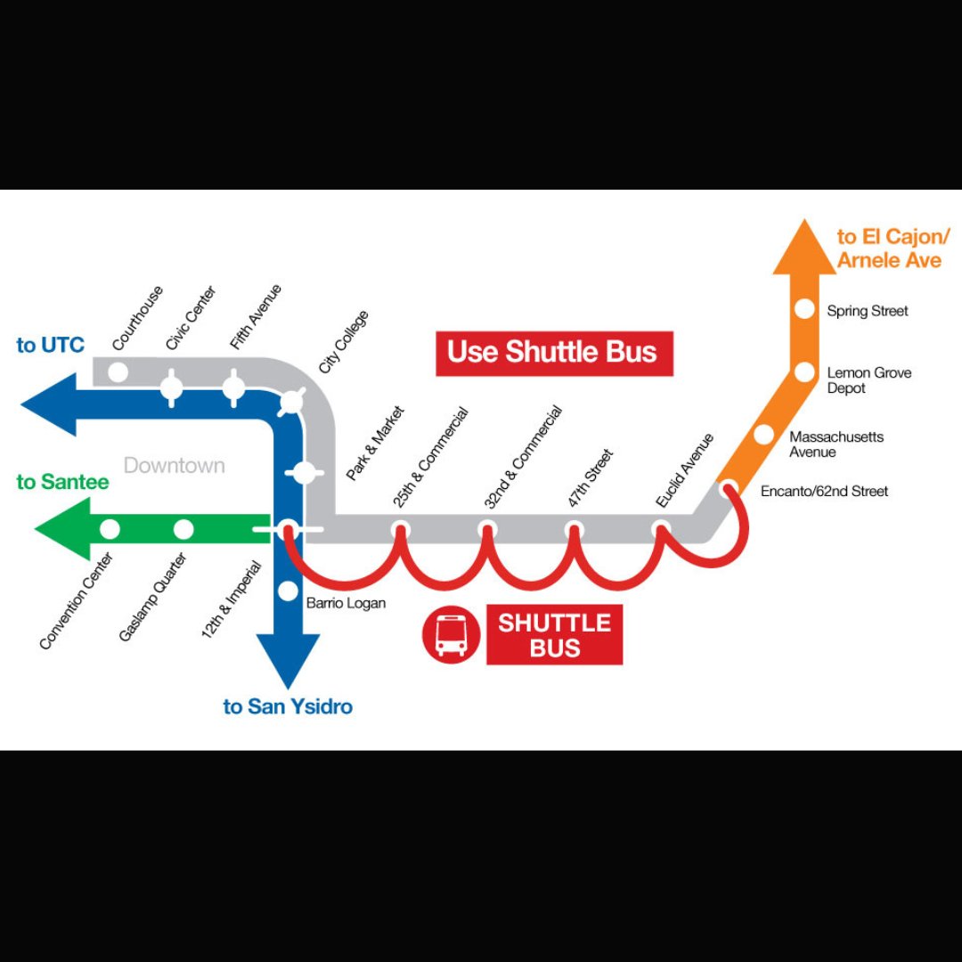 🚨🚋 Sat, May 18 - Sun May 19, there will be no Orange Line service between Encanto/62nd Street Station & Courthouse Station. A bus bridge will provide service between Encanto/62nd Street Station and 12th & Imperial Station. Take the Blue Line Trolley for all downtown stops. 🚋🚨