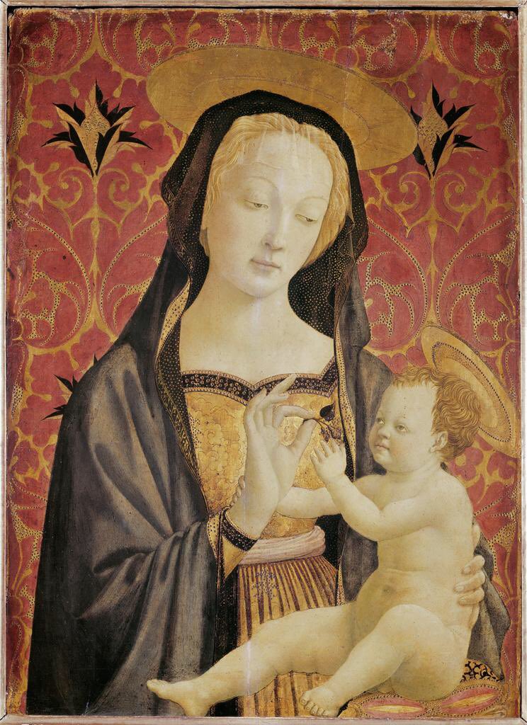 A beautiful Madonna with fine textile background, 1430s, by Domenico Veneziano. It was his day today.