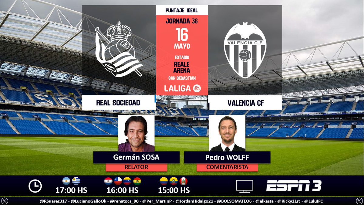 ⚽ #LaLiga 🇪🇸 | #RealSociedad vs. #Valencia
🎙 Relator: @GermanSosaEspn 
🎙 Comentarista: @WolffPedro 
📺 #ESPN3 Sudamérica
💻📱@StarPlusLA
🤳 #LaLigaxESPN - #ESPNenStarPlus - #RealSociedadValencia 
Dale RT 🔃