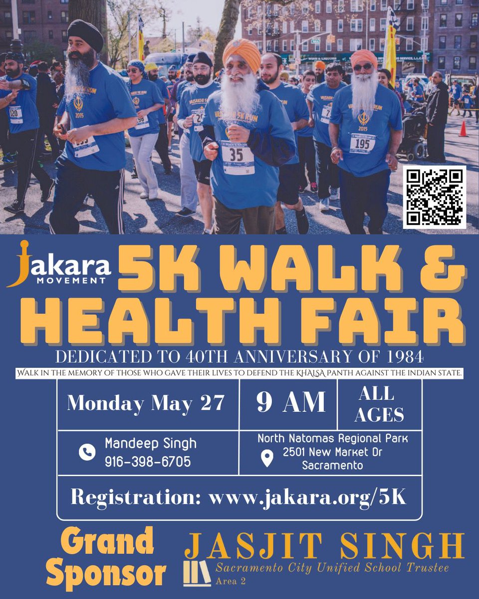 Advocacy org @JakaraMovement bring California together (27th May) to mark the 40th anniversary since 1984, when Sikhs gave their lives standing against India's tyranny. Join at North Natomas Regional Park for a 5k walk and health fair, including games and resources for all!