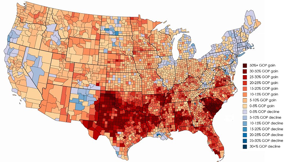 Even before the 1960s, the South was experiencing a racist backlash against Dems, as this swing map of 1948-60 shows. This wasn't due to trade policies, but because of the support of national party figures for policies such as desegregating the armed forces.