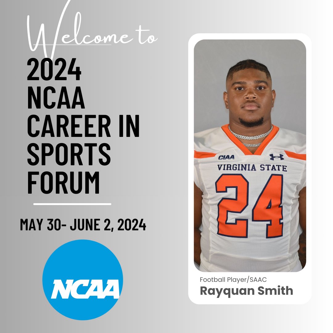 Yo, check it! I’ll be representing Virginia State University at the 2024 NCAA Career in Sports Forum. We’re gearing up to dive deep into the game. It’s all about the hustle, making strategic moves, and scoring big for our future. Let’s get it! 🏈🔥 #rayquansmith #kingofnil #vsu