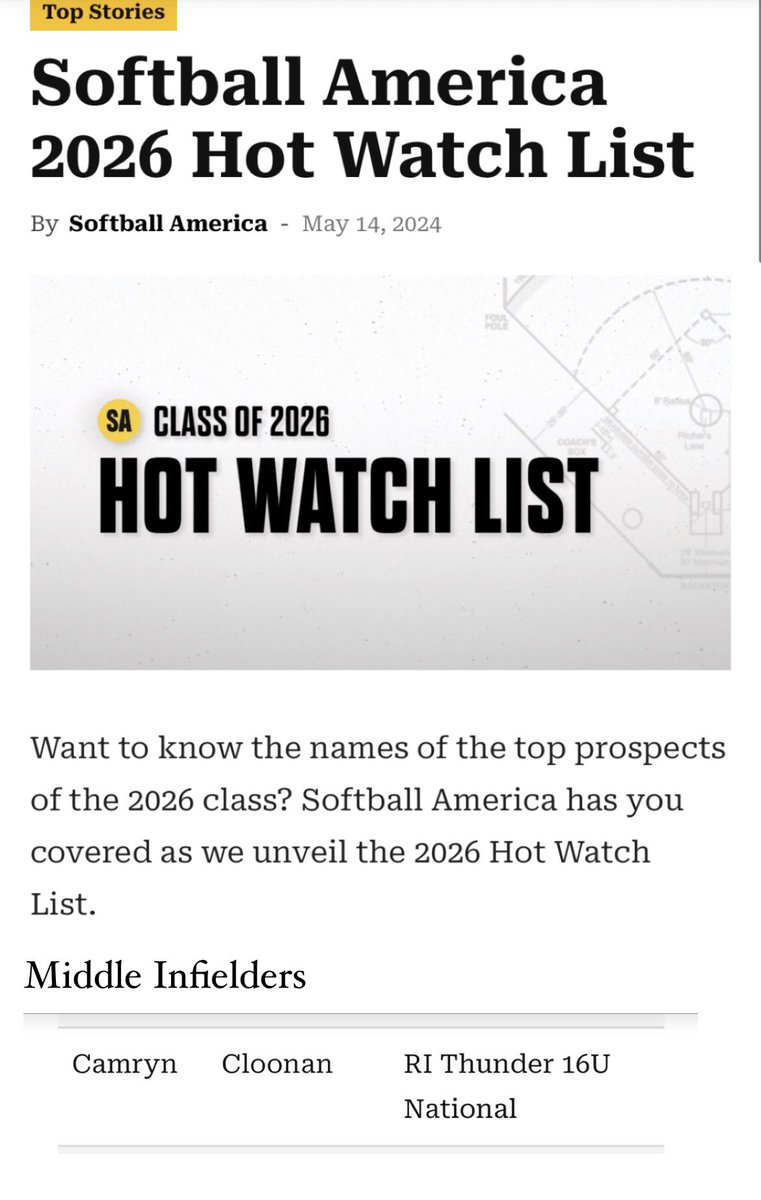 CamrynCloonan's tweet image. Thank you @SoftbalAmerica for mentioning me on the “Class of 2026 Hot Watch List”!  I’m so honored to be recognized among so many talented players across the country 😁@RITG16unational @thunderjam134 @BobRossiRITG @jcoupal @Coach_BBourque @HopsAP @Coach_KHolmes