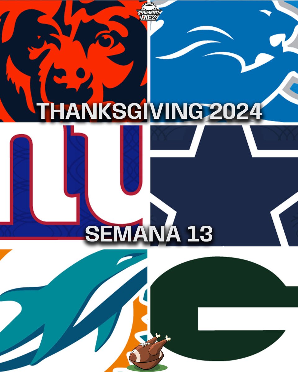 🦃🏈 El calendario para el Día de Acción de Gracias en la Temporada NFL 2024: • 11:30AM: Bears @ Lions • 3:30PM: Giants @ Cowboys • 7:20PM: Dolphins @ Packers *Tiempo del centro de México.