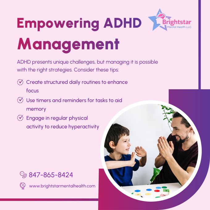 Living with ADHD requires understanding and strategy. Structured routines, helpful reminders, and active lifestyles can significantly improve...  

Read more: instagram.com/p/C6_hiw5vzMO/

#ChicagoTherapy #IllinoisTherapist #BehavioralHealthCare #ADHDAwareness #BrightstarMentalHealth