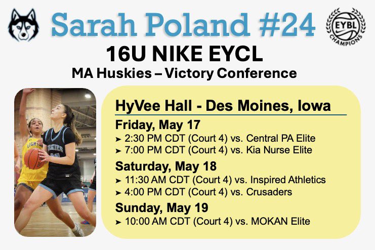 I will be at the Nike EYCL Session 2 in Des Moines, Iowa this weekend. Here is my schedule! @MAHuskies @MAHuskies_eycl @nikegirlseycl