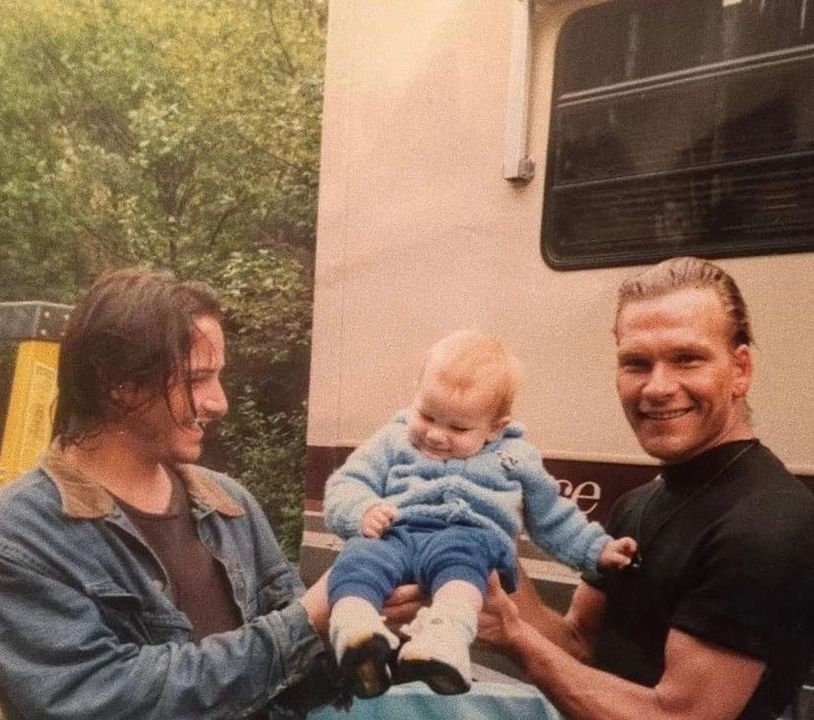 Keanu Reeves and Patrick Swayze on the set of Point Break, 1991.