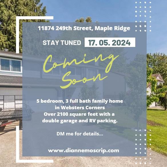 Fabulous 5 bedroom, 3 bath family home in the Websters Corners neighborhood of Maple Ridge. Over 2100 sf, double garage, RV parking, and a lovely water feature / pond. Coming soon... May 17 2024. 

DM me for more details

#mapleridgerealestate #remaxagent #diannemoscrip