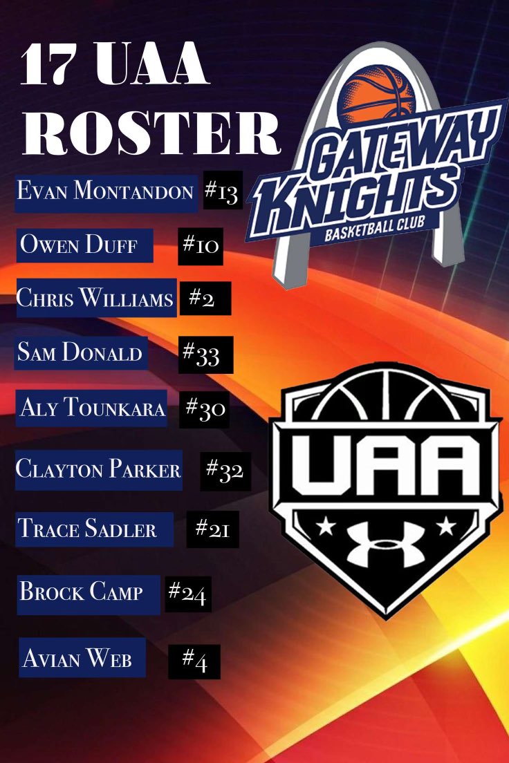 Gateway - Knights Basketball Club (@gatewaybball) on Twitter photo 17U <a href="/UANextBHoops/">Boys UAA</a> takes to Hamilton, OH. This weekend for stop 2 of the UAA. This team is loaded with size and skill! <a href="/avian_webb3/">Avian Webb</a> <a href="/MousethePG/">Christian Williams</a> <a href="/Bubbybuckets20/">Brock Camp</a> <a href="/Samdonald32/">Sam Donald</a> <a href="/OwenDuff10/">Owen Duff</a> <a href="/evanmontandon25/">Evan Montandon</a> <a href="/claytonp_33/">Clayton Parker</a> <a href="/Bigg_aly13/">Aly Tounkara</a> <a href="/TRACESADLER3/">Trace Sadler</a> 17U <a href="/UANextBHoops/">Boys UAA</a> takes to Hamilton, OH. This weekend for stop 2 of the UAA. This team is loaded with size and skill! <a href="/avian_webb3/">Avian Webb</a> <a href="/MousethePG/">Christian Williams</a> <a href="/Bubbybuckets20/">Brock Camp</a> <a href="/Samdonald32/">Sam Donald</a> <a href="/OwenDuff10/">Owen Duff</a> <a href="/evanmontandon25/">Evan Montandon</a> <a href="/claytonp_33/">Clayton Parker</a> <a href="/Bigg_aly13/">Aly Tounkara</a> <a href="/TRACESADLER3/">Trace Sadler</a>