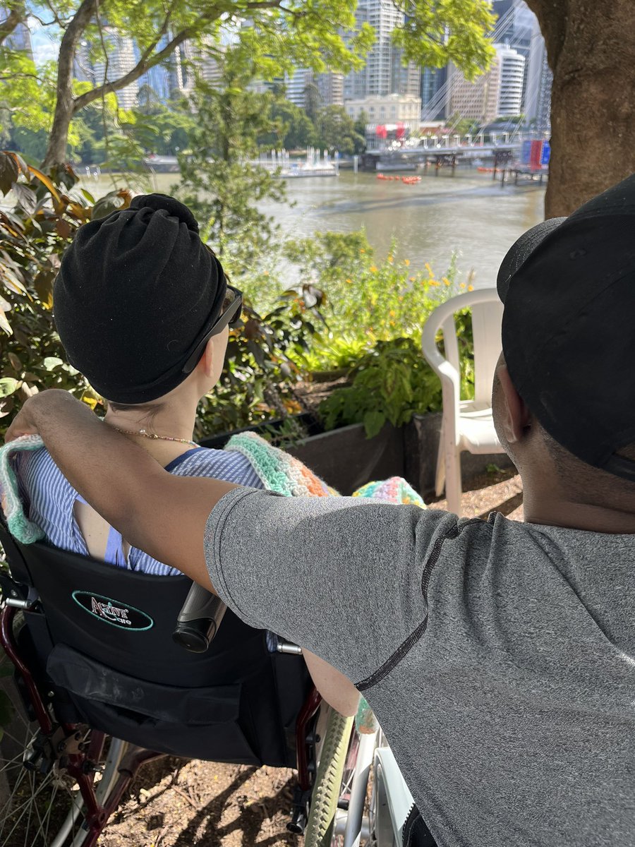 The sun was shining and we were able to take Kiara in the wheelchair into the garden at St Vincent's for the first time since our outing a month ago to Southbank Parklands with Ambulance Wish Queensland. 💜 #everydayagift