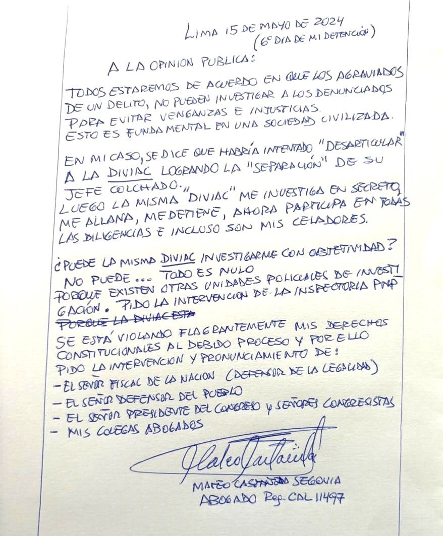 #MilagrosLeivaEntrevista
Lo último, tercera carta de Mateo Castañeda, abogado de Dina Boluarte, señala que “DIVIAC no puede investigarlo objetivamente”.
@MilagrosLeivaG