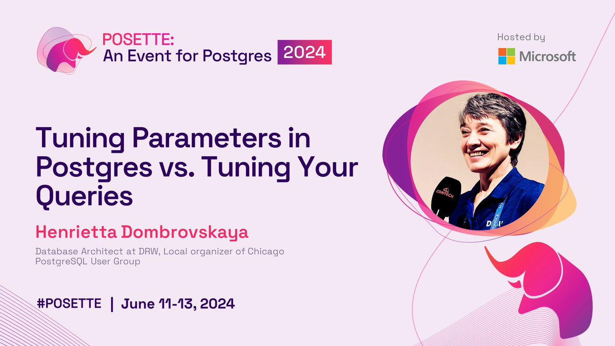 Want to learn more about Tuning Parameters in #PostgreSQL vs. Tuning Your Queries❓
Tune in to @HettieDombr's talk during #PosetteConf Livestream 1 at 8:30am PDT on June 11, 2024 🗓️
aka.ms/posette-schedu…