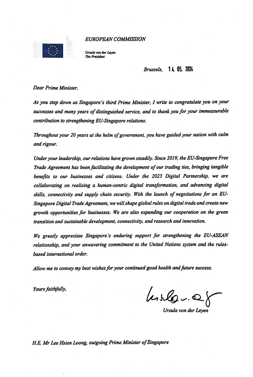 Delighted to share the congratulatory letters President of the European Commission @vonderleyen has sent to #Singapore Prime Minister @LawrenceWongST and former Prime Minister and Senior Minister @leehsienloong 🇪🇺🤝🇸🇬