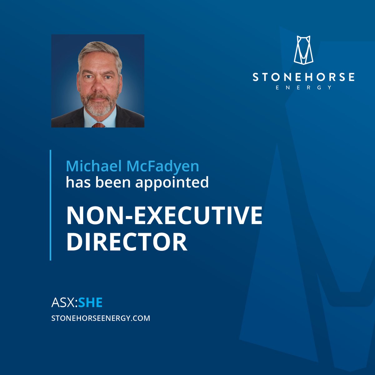 #ASXNews

Michael McFadyen has been appointed a Non-Executive Director of $SHE.AX.

Michael's extensive experience incl. over three decades of direct involvement in the #oil &amp; #gas industry, spanning both offshore &amp; onshore exploration &amp; production

loom.ly/bN_bFi0

 #ASX