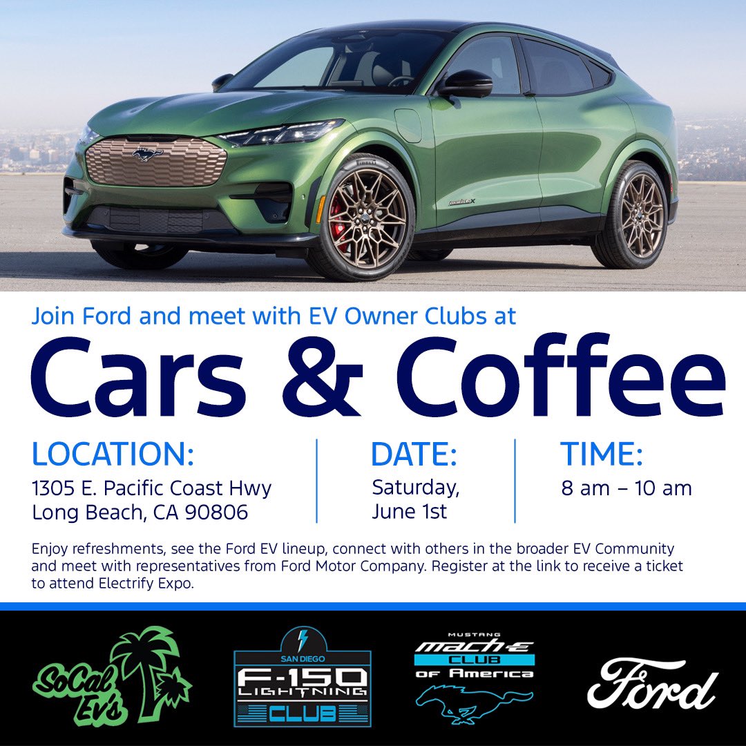 Cars & Coffee at @LBCityCollege hosted by @Ford! 🤜🏼⚡️🤛🏼 Come hangout with different EV owners and EV Car Clubs! Register at the link receive a free ticket to @ElectrifyExpo! go.ford/CCLB