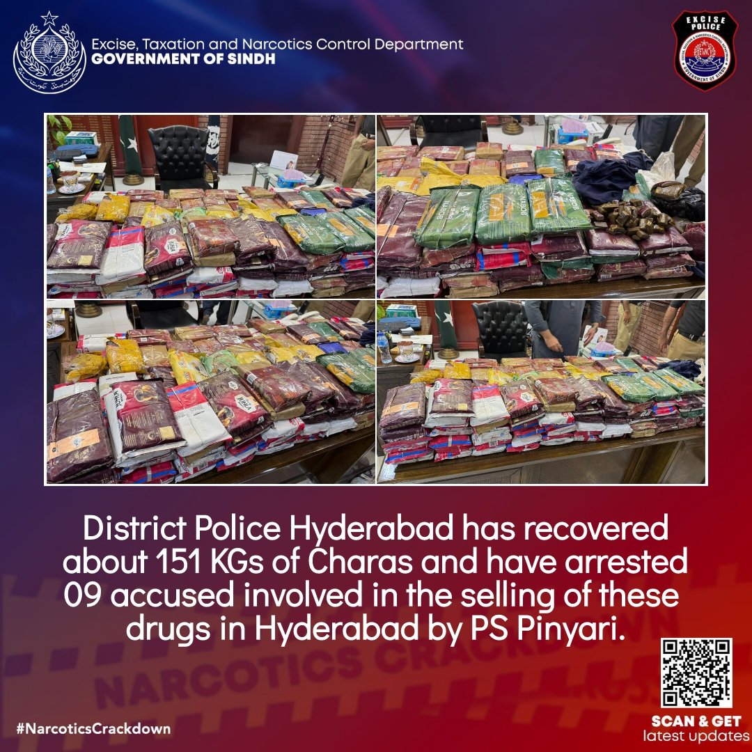 KaleriGulsher's tweet image. District Police Hyderabad has recovered about 151 KGs of Charas and have arrested 09 accused involved in the selling of these drugs in Hyderabad by PS Pinyari. #NarcoticsCrackdown 
@sharjeelinam