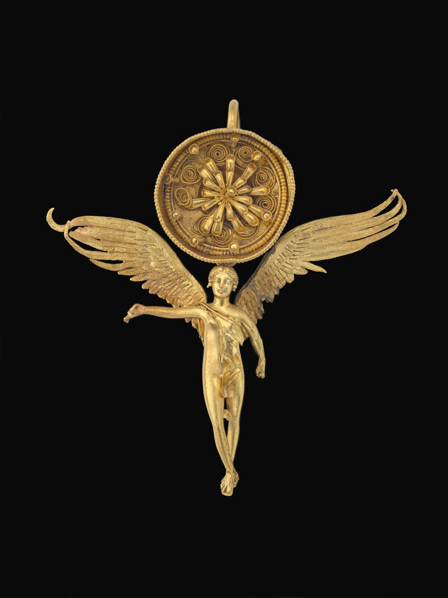 Gold earring with Nike pendant, Greek, 4th century BC from the Virginia Museum of Fine Art