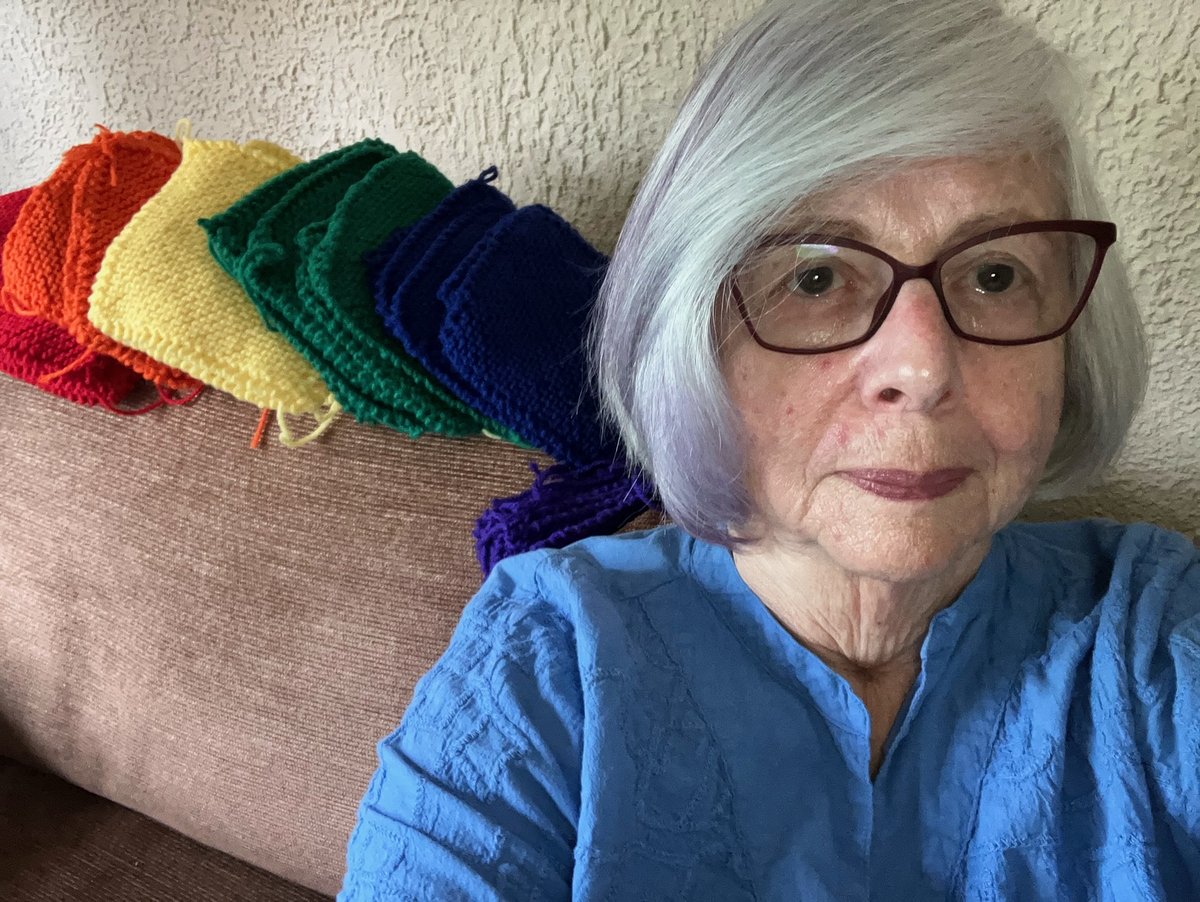 dunn_kirk's tweet photo. This is Phyllis, knitter and Patchwork Pride Project supporter extraordinaire, with some of the 6" squares she knit for our Pride Flag. This morning she dropped them off to MHP and is now knitting more. We are proud and honoured to have Phyllis on our team. Thank you Phyllis! https://t.co/Hqly1LCfHJ