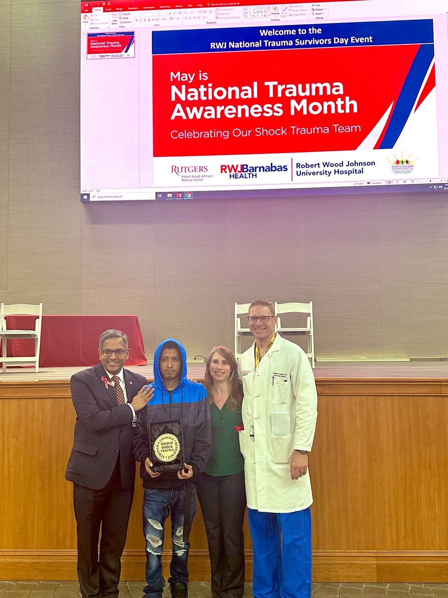 A very meaningful trauma survivors day @RWJUH honoring two of our incredibly brave and resilient survivors along with the entire trauma team who cared for them from prehospital to discharge! @RWJMS @rwjsurgery @SurgEdMD @A_Teich @zack_englert @DrReemaKar