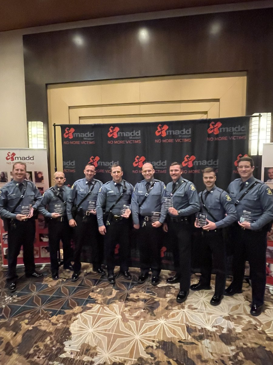 These troopers were recognized this evening at the 2024 MADD “Heroes for Heroes” awards banquet for their excellent work in removing Intoxicated drivers from Missouri roadways. This group made 473 DWI arrest this past year. #MADD