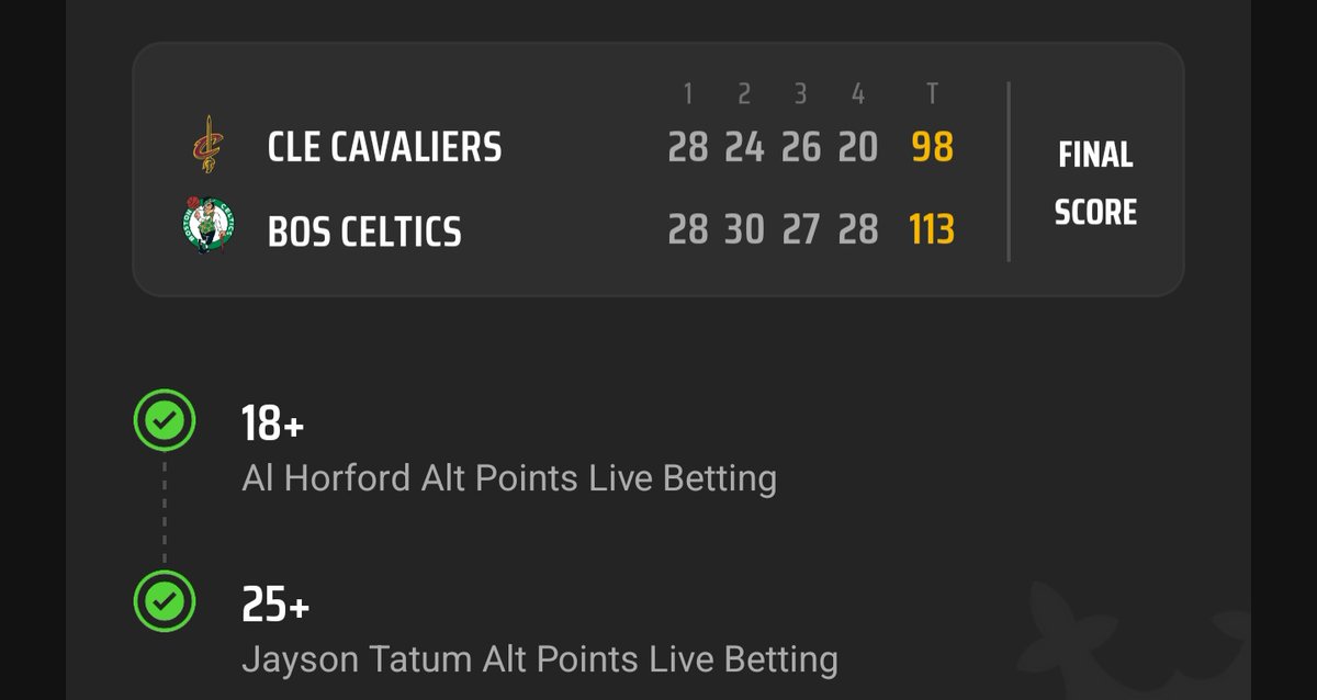 #Celtics 🤷🏽‍♀️
#2LegParlay 🦵🏾🦵🏾
#JaysonTatum
#AlHorford
#SGP #ALTPointsLive 
#NBA #NBAPlayoffs 
#DraftKings 
#Draftkingssportsbook 
#GamblingX  #GamblingTwitter