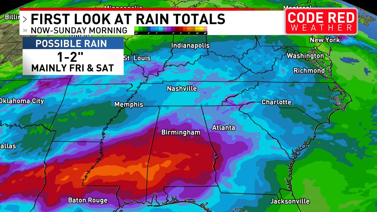 Could be looking at a fairly soggy Friday & Saturday ahead... generally looking at 1-2' of rain, but some locally higher amounts will be possible. @foxnashville #tnwx #kywx