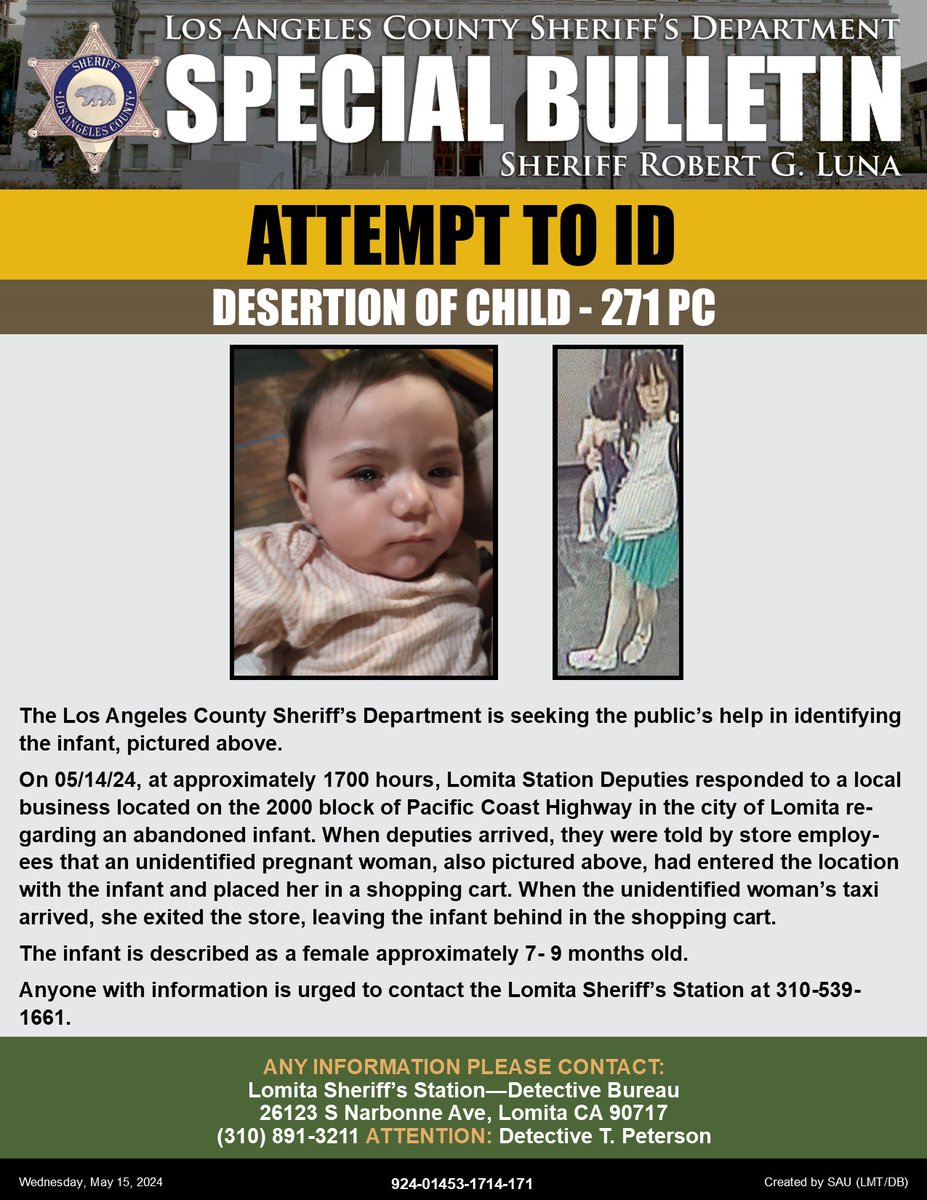 #LASD Detectives are Seeking the Public's Help in Identifying an Abandoned Infant #Lomita

local.nixle.com/alert/10987427/