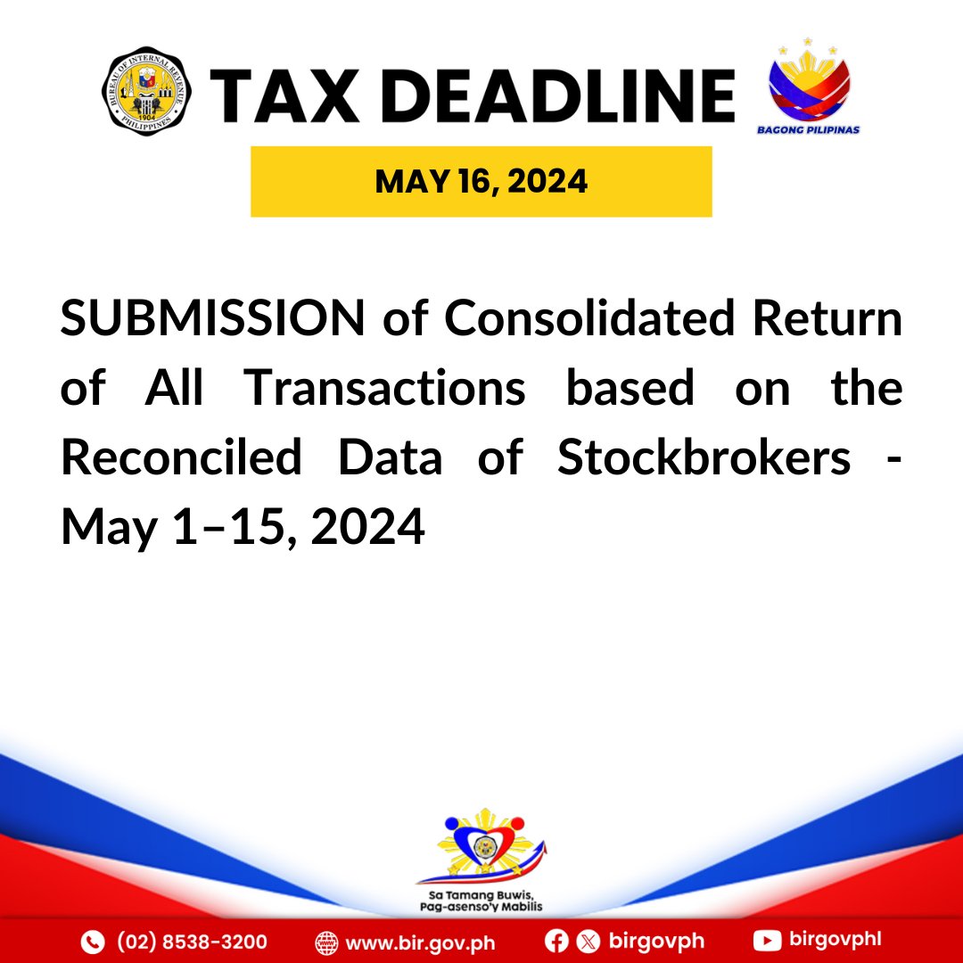 16MAR SUB: Consolidated Return of All Transactions based on the Reconciled Data of Stockbrokers — May 1–15, 2024. facebook.com/bir.gov.ph